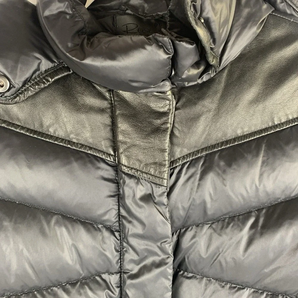 Womens Down Puffer Jacket Size Small Nylon Leather Hooded Black Chic Minimalist